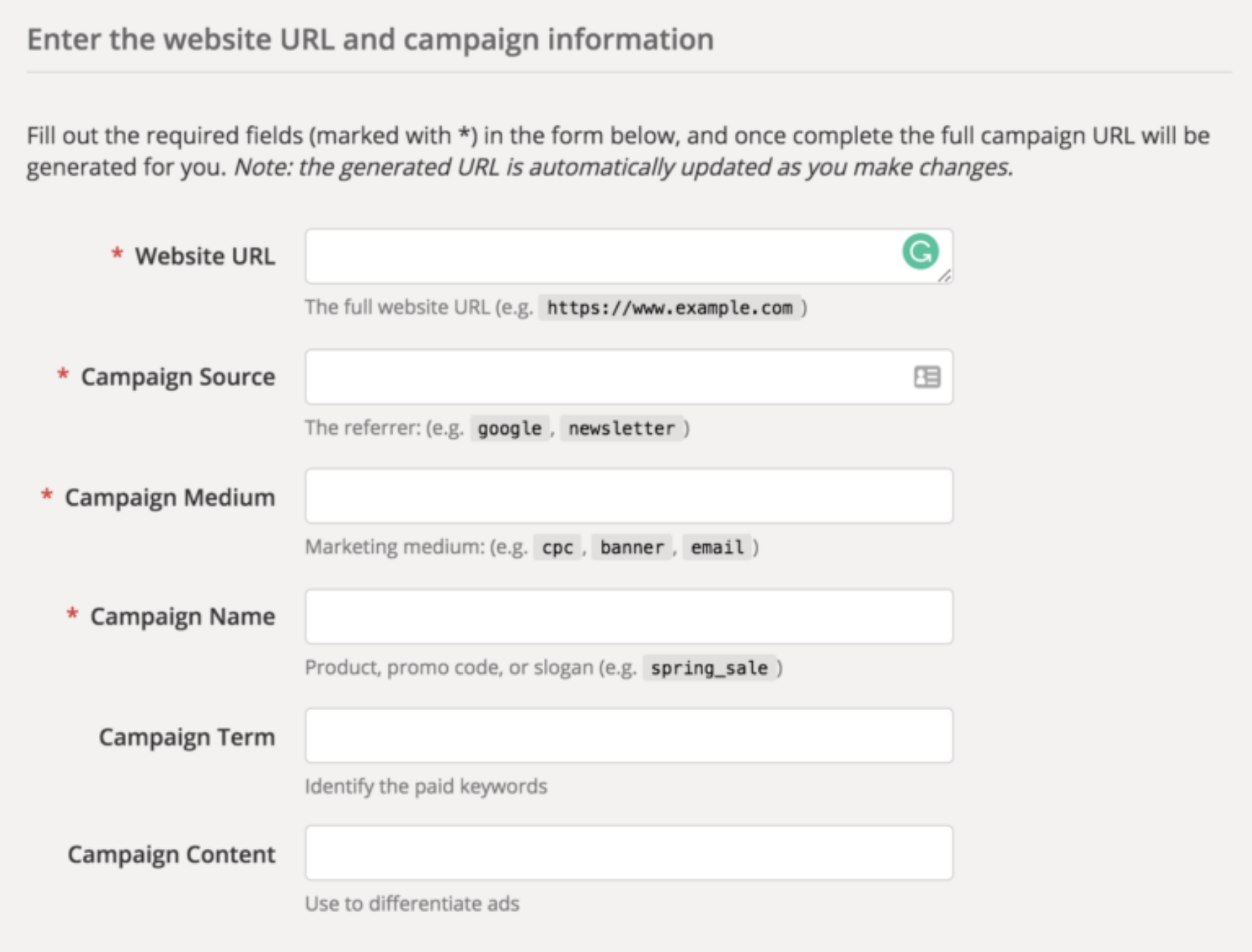 Google's Campaign URL Builder form