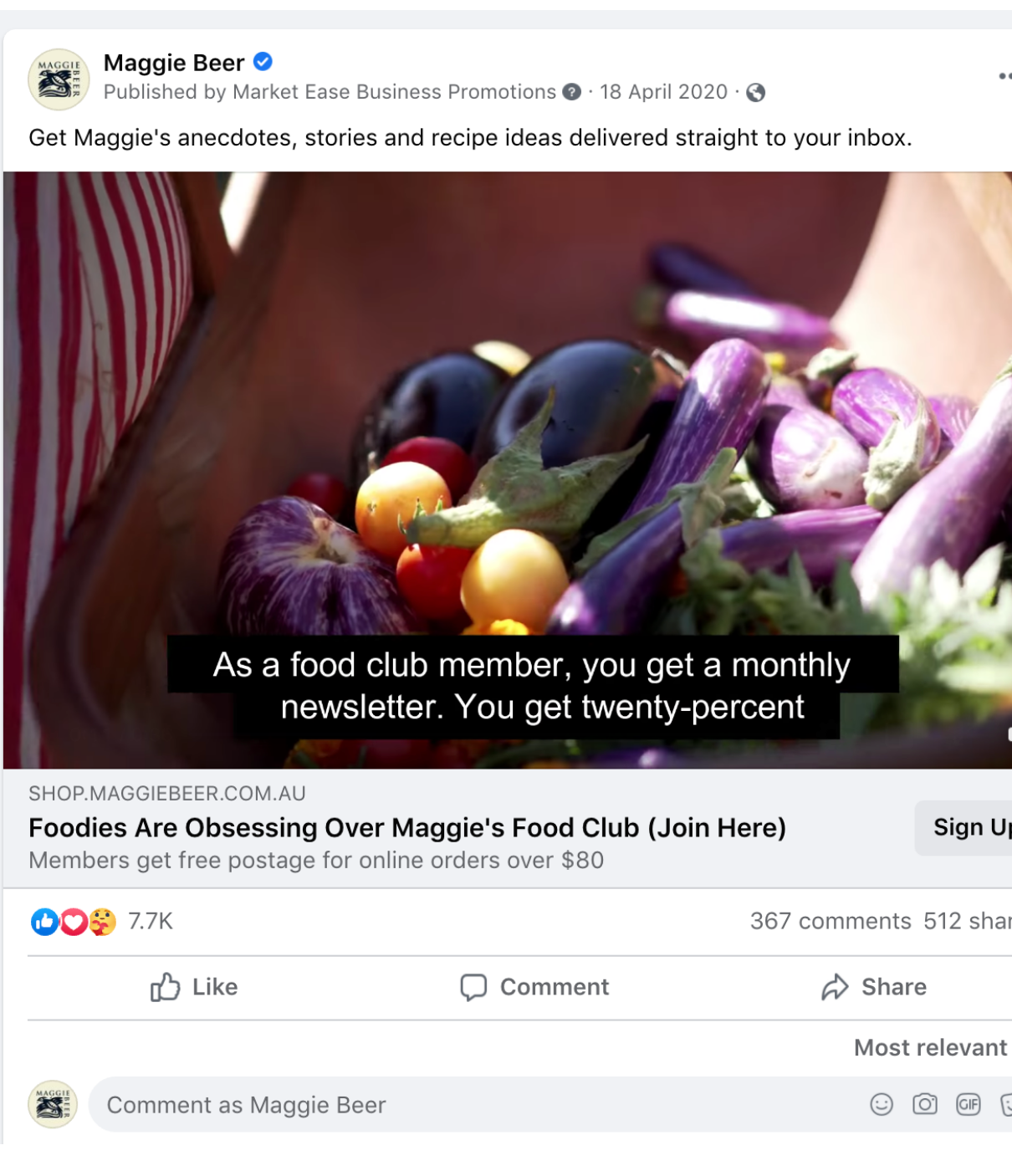 A Food Club sign-up campaign — 7.7K reactions, 367 comments and 512 shares.